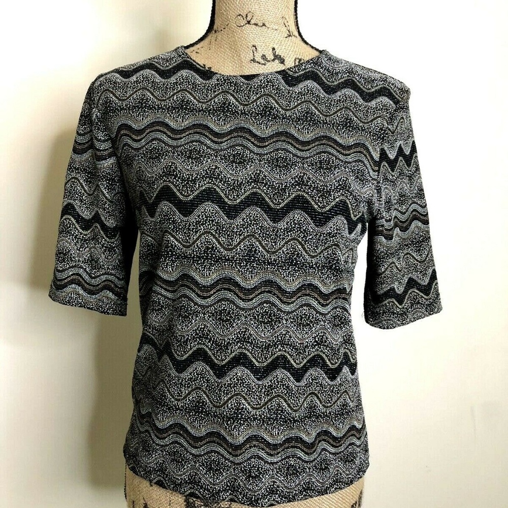 80s Vtg Textured Metallic Black Spandex Shirt Sz M